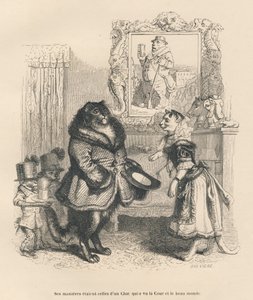 Kot dworski witający młodą kotkę. Miniatury ilustrowane przez JJ Granville. Grawer sygnowany Breviere w części zatytułowanej „Dworskie bóle kota angielskiego” autorstwa Honore de Balzac w „Sceny z życia prywatnego i publicznego zwierząt”. Paryż, J autorstwa Grandville