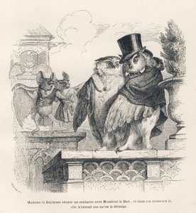 Nietoperz słuchający sowy i sowa śpiewająca. Ilustrowane winiety autorstwa JJ Granville. Rycina sygnowana Breviere w części zatytułowanej "Souvenirs d