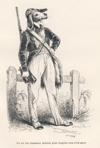 Pies w ubraniach myśliwskich. Miniatury ilustrowane przez JJ Granville. Grawer sygnowany Caque w części zatytułowanej „Wspomnienia starej wrony” napisany przez PJ Stahla w „Sceny z życia prywatnego i publicznego zwierząt”. Paryż, J. Hetzel i Paulin autorstwa Grandville