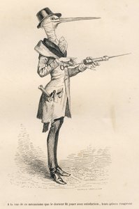 Bocian jako lekarz prowadzący lewatywę. Miniatury ilustrowane przez JJ Granville. Grawerowanie sygnowane Andrzejem, Bestem i Leloirem w części zatytułowanej „Dworskie bóle kota angielskiego” napisanej przez Honore de Balzac w „Sceny z życia prywatnego i pu