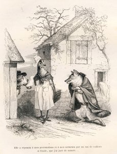 Rozmowa psa, kury i lisa. Winiety ilustrowane przez JJ Granville. Rycina sygnowana Godardem w dziale zatytułowanym „Lis złapany w pułapkę” autorstwa Charlesa Nodiera w „Scenach z życia prywatnego i publicznego zwierząt”. Paryż, J. H autorstwa Grandville
