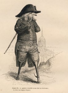Kogut nieważny przed hotelem des invalides w Paryżu. Miniatury ilustrowane przez JJ Granville. Rycina sygnowana Andrzejem, Bestem i Leloirem w części zatytułowanej „Zwierzęta lecznicze” napisanej przez Pierre