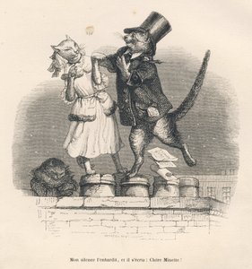 Dwa koty uwodzą się na dachu. Miniatury ilustrowane przez JJ Granville. Grawer sygnowany Andrzejem, Bestem i Leloirem w części zatytułowanej „Dworskie bóle kota angielskiego” autorstwa Honore de Balzac w „Sceny z życia prywatnego i publicznego zwierząt autorstwa Grandville