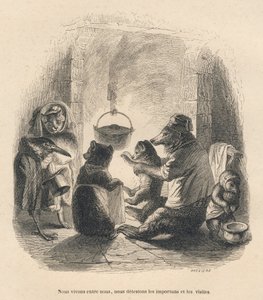 Dwóch gości przychodzi, by rozdrażnić niedźwiedzią rodzinę siedzącą przed kominkiem, w którym na wieszaku wisi garnek. Miniatury ilustrowane przez JJ Granville. Grawer sygnowany Breviere w części zatytułowanej „L