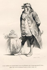 Faucon zrujnowany przez rewolucje. Miniatury ilustrowane przez JJ Granville. Grawer sygnowany Breviere w części zatytułowanej „Wspomnienia starej wrony” napisany przez PJ Stahla w „Sceny z życia prywatnego i publicznego zwierząt”. Paryż, J. Hetzel i Pauli
