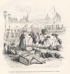 Mrówki w pełnej aktywności na brzegach Sekwany. Miniatury ilustrowane przez JJ Granville. Grawerem sygnował Porret w części zatytułowanej "Podróż wróbla z Paryża" George Sand w "Scenach z życia prywatnego i publicznego zwierząt". Paryż, autorstwa Grandville