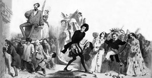 Francuscy pisarze romantyczni (Alfred de Vigny, Victor Hugo, Alexandre Dumas the Father, Honore de Balzac) pragnący dostać się do Akademii Francuskiej, ale drzwi są zamknięte, rycina