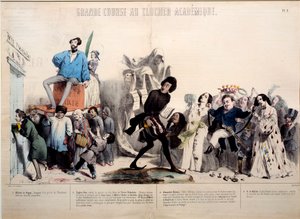Wielki wyścig do dzwonnicy akademickiej. Pisarze Alfred de Vigny (1797-1863), Eugene Sue (1804-1857), Alexandre Dumas (1802-1870) i Honore de Balzac (1799-1850) są rozpoznawani. Grafika Gerarda Grandville