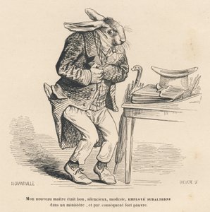Królik jako młodszy pracownik w ministerstwie. Winiety ilustrowane przez JJ Granville. Rycina sygnowana Breviere w części "Historia zająca" napisana przez PJ Stahla w "Scenach z życia prywatnego i publicznego zwierząt". Paryż, J. Hetzel i Paulin autorstwa Grandville