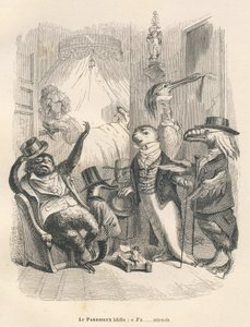 Leniwiec ziewnął, że czeka. Winiety ilustrowane przez JJ Granville. Rycina sygnowana Godard w części zatytułowanej "Les animaux medecins" napisanej przez Pierre Bernard w "Scenes de la vie privee et publique des animaux". Paryż, J. Hetzel et Paulin autorstwa Grandville