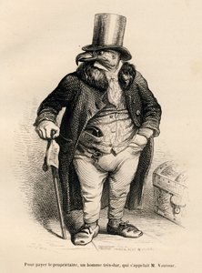 Sęp jako właściciel nieruchomości. Miniatury ilustrowane przez JJ Granville. Grawerem sygnowali Andrzej, Best i Leloir w części „Historia zająca” napisanej przez PJ Stahla w „Sceny z życia prywatnego i publicznego zwierząt”. Paryż, J. Hetzel i Paulin autorstwa Grandville