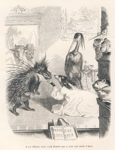 Opera z jeżozwierzem, psem i czaplą na scenie. Winiety ilustrowane przez JJ Granville. Grawer sygnował Godard w części zatytułowanej „Pierwszy pistolet seryjny” autorstwa Julesa Janina w „Scenach z życia prywatnego i publicznego zwierząt”. autorstwa Grandville