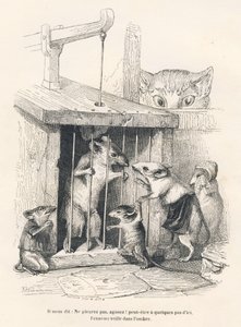 Pułapka: Kot wypatrujący myszy, które przyszły opłakiwać tego, który został wzięty do niewoli. Miniatury ilustrowane przez JJ Granville. Grawerowanie sygnowane Andrew, Best i Leloir w części zatytułowanej „Szczur filozof” napisanej przez Edouarda Lemoine w autorstwa Grandville