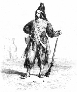 Portret Robinsona Crusoe na bezludnej wyspie z karabinem i bronią przy pasie - ilustracja Grandville