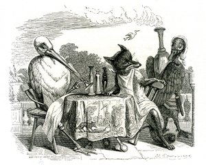 Lis i bocian, ilustracja z „Bajek La Fontaine” (lito) autorstwa Grandville