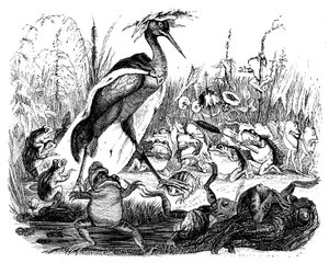 Żaby pytają króla, ilustracja z „Bajek La Fontaine”, autorstwa Grandville