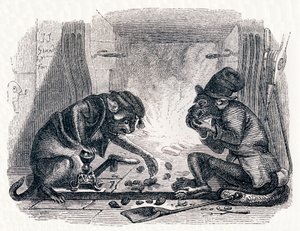 Osioł i kot (Le singe et le chat) - Bajki La Fontaine autorstwa Grandville