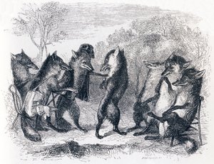 Lis z odciętym ogonem (Le renard ayant la queue coupee) - Bajki La Fontaine autorstwa Grandville