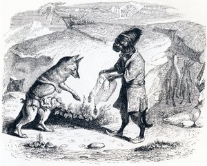 Chory lew i lis (Le lion malade et le renard) - Bajki La Fontaine autorstwa Grandville