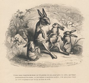 Wy, królicze dzieci, słuchacie, jak ich ranny dziadek opowiada historie. Miniatury ilustrowane przez JJ Granville. Rycina sygnowana Breviere w części „Historia zająca” napisana przez PJ Stahla w „Sceny z życia prywatnego i publicznego zwierząt”. Paryż autorstwa Grandville