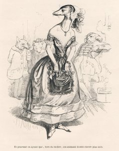 ... poza teatrem zwierzęta te są jeszcze brzydsze. Winiety ilustrowane przez JJ Granville. Rycina podpisana Godard w części zatytułowanej "Le premier feuilleton de Pistolet" napisana przez Jules Janin w "Scenes de la vie privee et publique des animaux". autorstwa Grandville