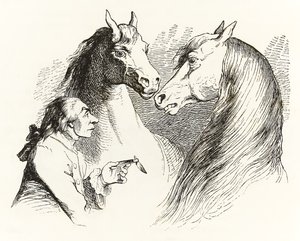 Gulliver rozmawia z rozmawiającymi końmi w Houyhnhnms Land z Gullivers Travels autorstwa Jonathana Swifta autorstwa Grandville