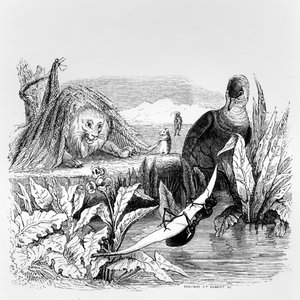 Gołąb i mrówka, lew i szczur, ilustracja do "Baśni" La Fontaine