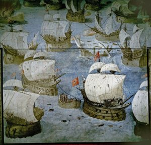 BITWA MORSKA NA AZORACH (1571) - PODBÓJ TRZECIEJ WYSPY - ŚWIEŻY OBRAZ 1585 - ODNOWIONY autorstwa Granello Tavaron Castello y Cambiasso