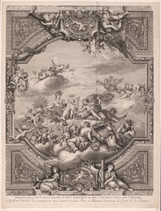 Apollo rozdaje nagrody, a Minerva koronuje geniusz Francji Apollon distirbuë des recompenses aux Sciences et aux Arts, et Minerve couronne le Genie de la France (tytuł na przedmiocie) Malowidła na suficie w Pałacu Wersalskim (tytuł serii) autorstwa Gérard Audran
