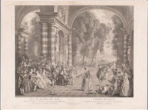 Elegancka firma na tarasie z widokiem na park Les Plaisirs du Bal (tytuł na obiekcie) autorstwa Gérard Jean Baptiste Scotin (II)