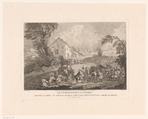 Krajobraz z maszerującą grupą żołnierzy Les Fatigues de la Guerre (tytuł na obiekcie) Grafiki wg Antoine Watteau (tytuł serii) L