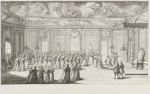 Sala audiencyjna podczas przyjęcia panny młodej w Pałacu Drezdeńskim 2 września 1719 r. autorstwa Gerard Jean Baptiste Scotin