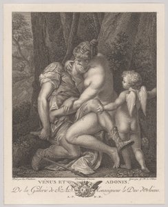 Wenus opłakuje Adonisa, siedzącego pod drzewem i obejmującego go, z Kupidynem po prawej stronie, c..., ca. 1786. autorstwa Gérard René Le Vilain