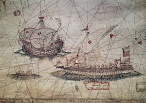 Galera i portugalska karawela, fragment mapy morskiej Morza Śródziemnego