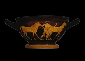 Poddasze czerwonofigurowe skyphos, przedstawiające Heraklesa i klacze Diomedesa (ceramika) autorstwa Greek