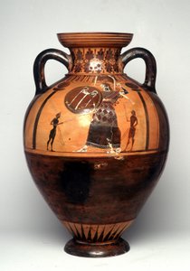 Czarna waza z postacią przedstawiającą Atenę wymachującą tarczą i włócznią, 550 p.n.e. (ceramika) autorstwa Greek