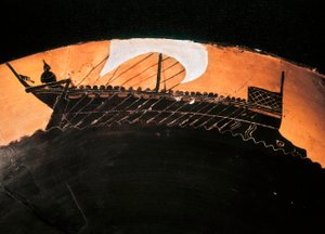 Antyczny kubek czarnofigurowy z przedstawieniem greckiego statku. V wiek pne. BN, Paryż. autorstwa Greek