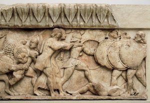 Gigantomachia: Lew Kybele pożera olbrzyma, podczas gdy Apollo i Artemida walczą z olbrzymami, 525 pne autorstwa Greek