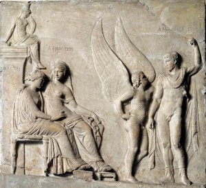 Sztuka grecka: „” Książę Sparty Paryska uwodzicielka Helena z Troi, reprezentowana jest Afrodyta””” Marmurowy relief z greckiego oryginału. I wiek p.n.e. Museo Archeologico Nazionale, Neapol - Paryż, książę Sparty i Helena Trojańska, z Afrodytą - Relief z  autorstwa Greek