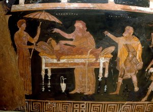 Sztuka grecka: Waza Arhemore: Pogrzeb Arhemore (Opheltes) Obraz malarza Dariusza. Od Ruvo. IV wiek p.n.e. Narodowe Muzeum Archeologiczne, Neapol autorstwa Greek