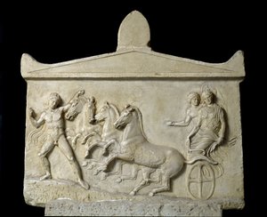 Sztuka grecka: płaskorzeźba poświęcona Hermesowi i nimfom: Kwadryga Echelos usuwająca Bazylię. 420-410 pne. Ateny, Narodowe Muzeum Archeologiczne autorstwa Greek
