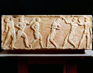 Cywilizacja grecka, Stela przedstawiająca sportowców w gimnazjum, Z nekropolii Keramejkos w Atenach, Grecja, 510 pne autorstwa Greek
