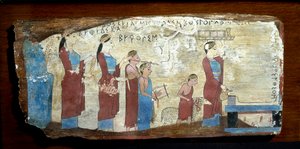 Grecka starożytność: ofiara z baranka. Farba do drewna z Sycyonu w Zatoce Korynckiej. VI wiek p.n.e. Ateny, Narodowe Muzeum Archeologiczne autorstwa Greek