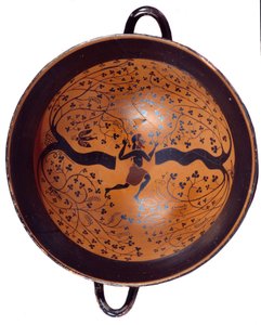 Sztuka grecka: Ceramiczny puchar joński z czarnymi figurami znanymi jako „kielich z ptakiem” Mężczyzna poluje na jaskółki. 550 pne. Słońce 0,23 m Paryż, Musee du Louvre autorstwa Greek