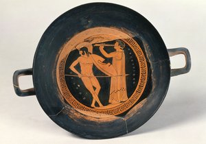 Grecki kubek czerwonofigurowy, przedstawiający wojownika tańczącego pyrrus, autorstwa Arysteidesa Starszego (ceramika) autorstwa Greek