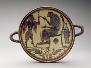 Lakoński puchar kylix przedstawiający Zeusa i Hermesa, ok. 550-530 pne (glina) (patrz także 288296 i 288298) autorstwa Greek