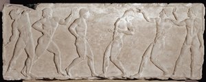 Marmurowe pończochy z płaskorzeźbami przedstawiające sześciu sportowców. 510 -500 p.n.e. Z Akropolu Ateny. Narodowe Muzeum Archeologiczne, Ateny autorstwa Greek
