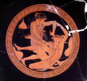 Minotaur zabity przez Teze - grecka waza przechowywana w Museo Archeologico de Firenze. Wnętrze kielicha z czerwonymi figurami, malarz Dokimasia. 480 pne. (Minotaur) autorstwa Greek