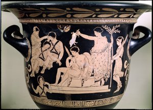 Orestes jako Supliant w Sanktuarium Apolla w Delfach, detal z krateru z czerwonymi figurami na poddaszu, przypisywany apulijskiemu malarzowi Eumenidesowi z 92567 r. autorstwa Greek