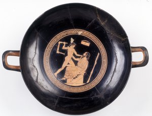 Obraz na cięciu: Przedstawienie Heraklesa machającego krzesłem, by znokautować swojego mistrza muzyki, 470 pne. BNF, Biuro Medalowe. autorstwa Greek